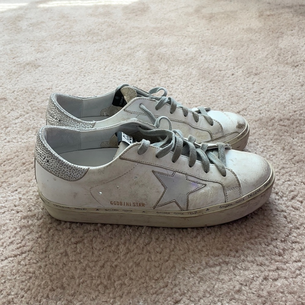 silver metallic hi-star golden goose platforms